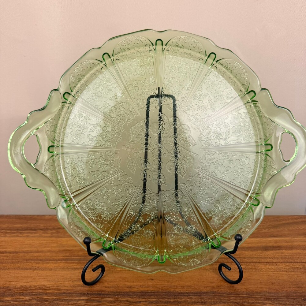 Jeanette Cherry Blossom Pattern Green Uranium Glass Serving 10.5" Tray Vintage